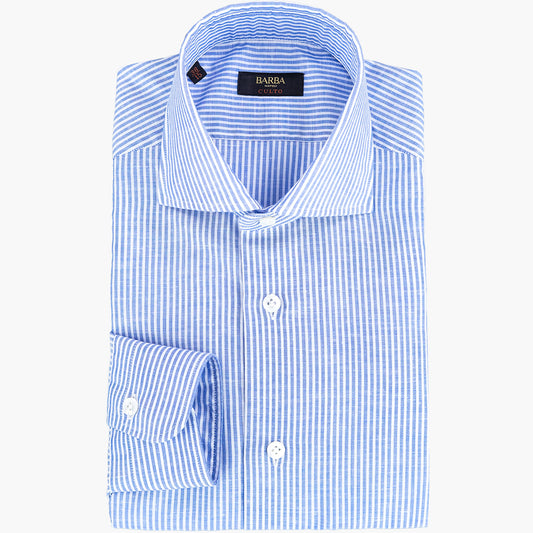 Camicia BARBA Napoli Culto in Lino e Cotone Bacchetta Bianco Azzurro