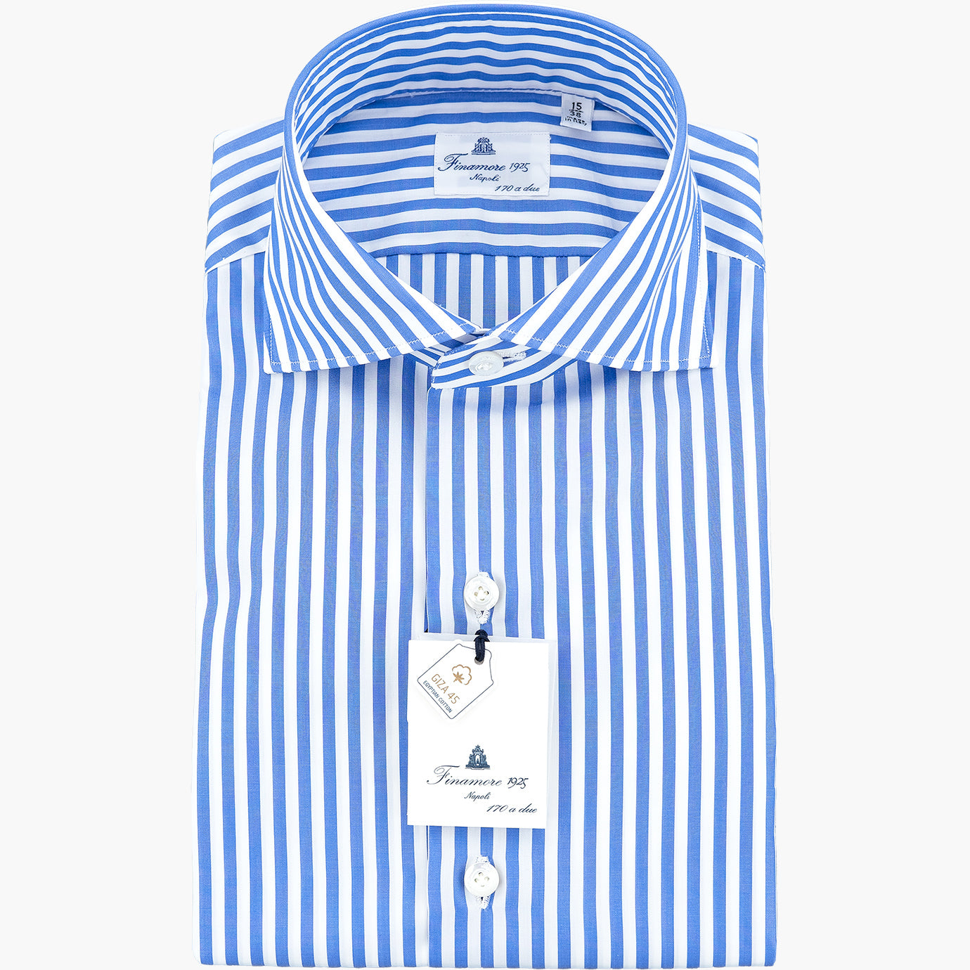 Camicia FINAMORE Napoli 1925 Modello Milano Collo Eduardo C0239 in Esclusivo Cotone Giza 45 170 a Due Riga Bianco Azzurro