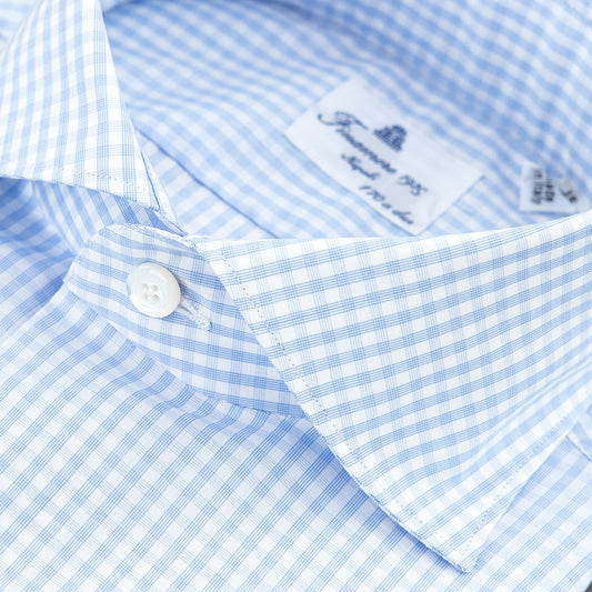 Camicia FINAMORE Milano in Esclusivo Cotone Giza 45 170 a Due Quadretto Bianco Celeste
