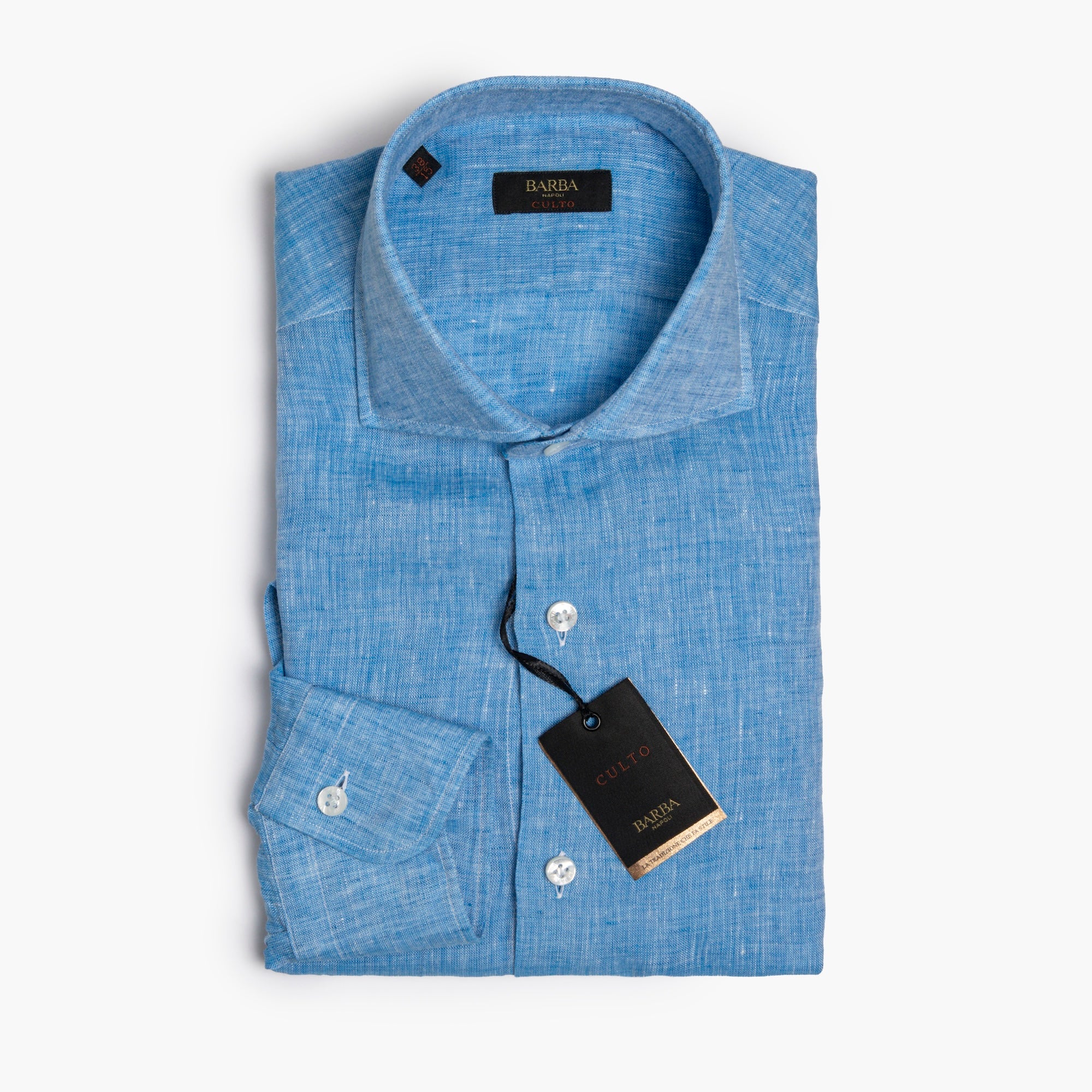 Camicia Uomo BARBA Napoli Culto in Puro Lino Fiammato Azzurra