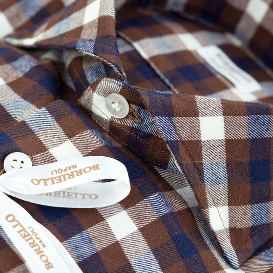Camicia BORRIELLO Art. 21041/3 Collo Marechiaro in Pura Flanella Check Blu Bianco su Fondo Marrone