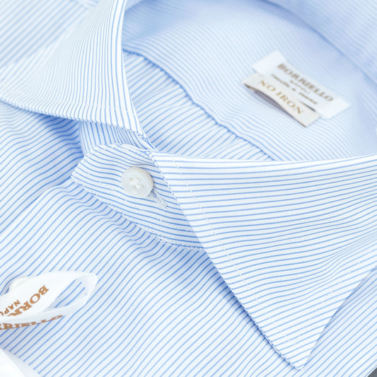 Camicia BORRIELLO Napoli Art. 21008/2 Collo Marechiaro in Cotone No Iron Micro Riga Celeste su Fondo Bianco