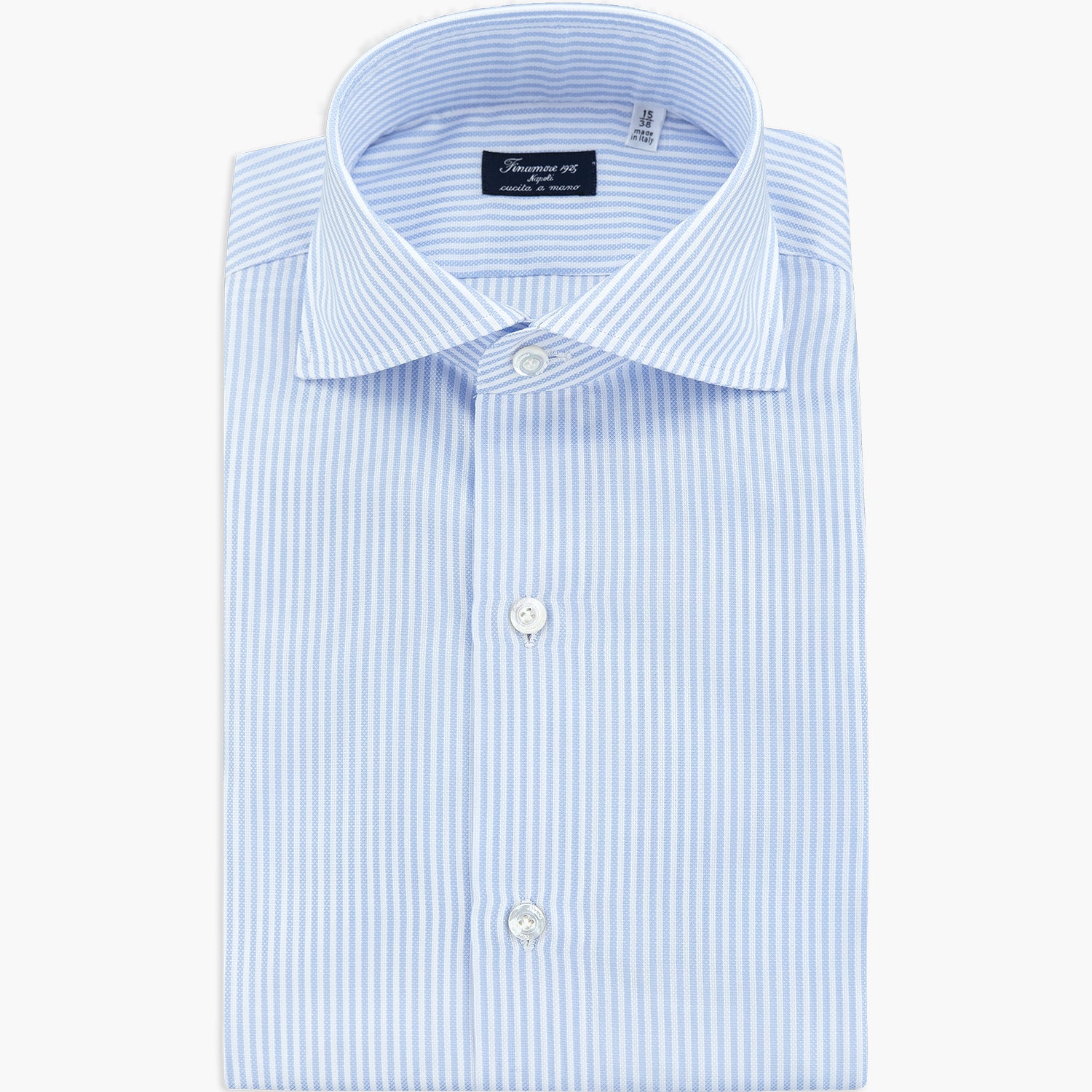 Camicia FINAMORE Napoli 1925 Art. 470039 P5107 Modello Napoli Collo Eduardo in Cotone Royal Oxford Righe Bianco Celeste