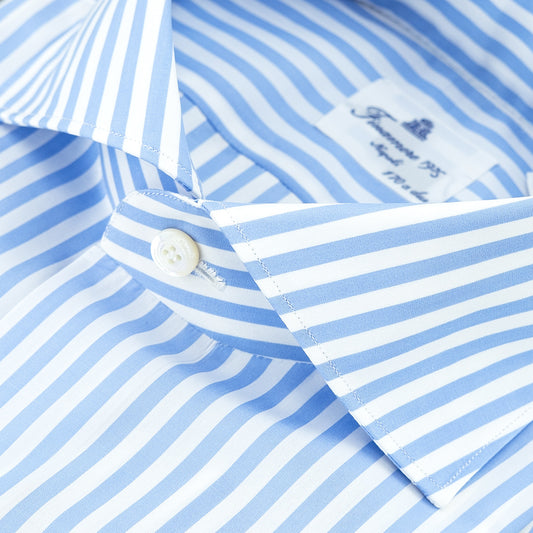 Camicia FINAMORE Napoli 1925 Modello Milano Collo Eduardo Art. 840659 C0239 in Esclusivo Cotone Giza 45 170 a Due Riga Bianco Celeste A25