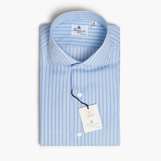 Camicia Uomo FINAMORE Napoli 1925 Modello Milano Collo Eduardo Art. C0488Z in Esclusivo Cotone Giza 45 170 a 2 Righe Bianche Fondo Celeste