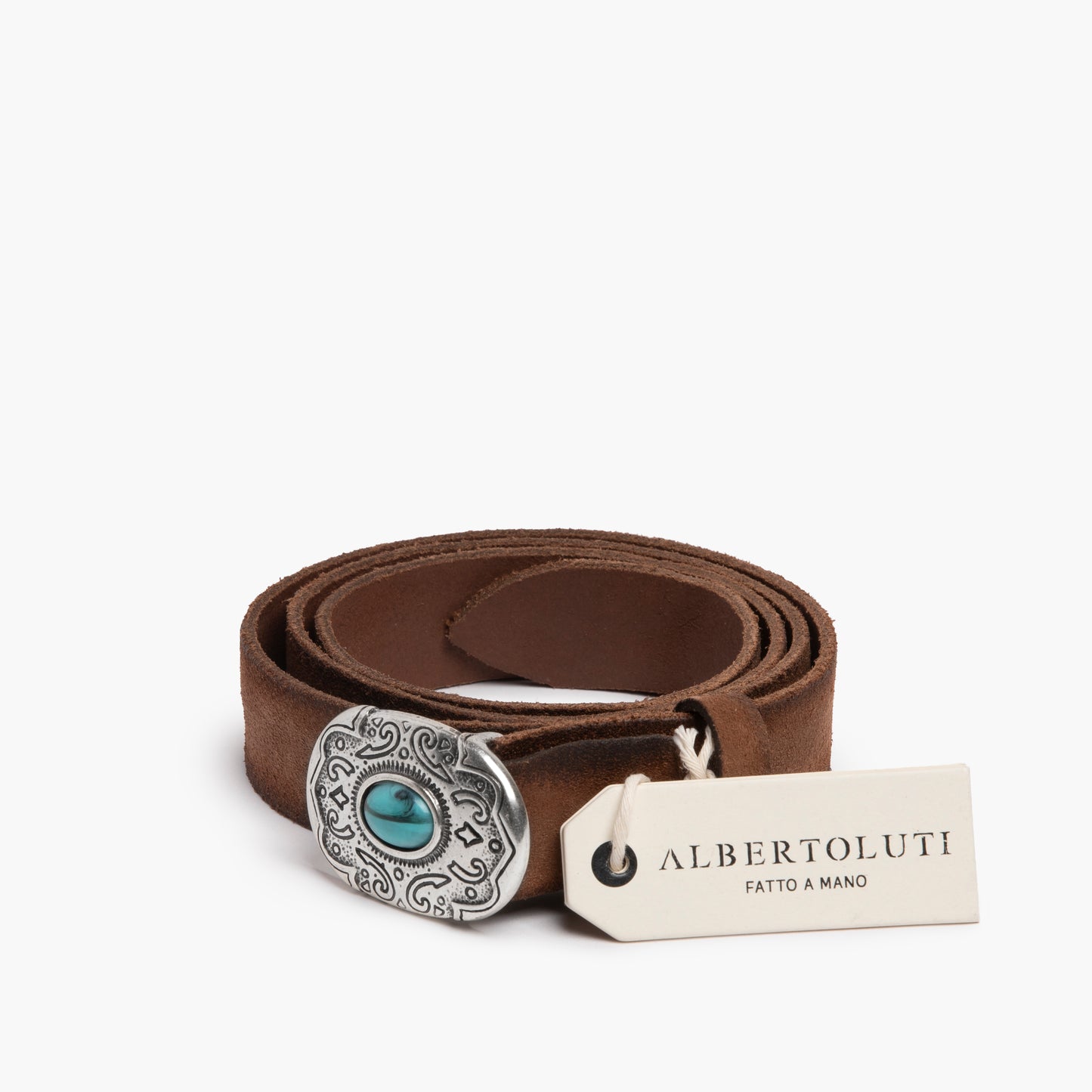 Cintura ALBERTO LUTI in Pelle Suede con Fibbia Pietra Turchese Marrone
