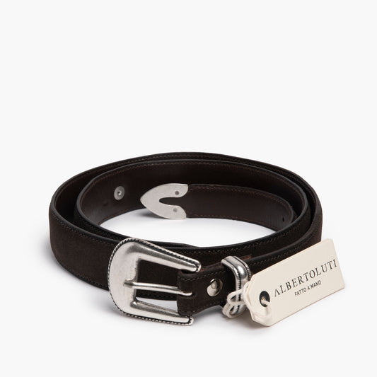 Cintura ALBERTO LUTI in Pelle Suede con Ricami e Pietra Turchese Testa di Moro