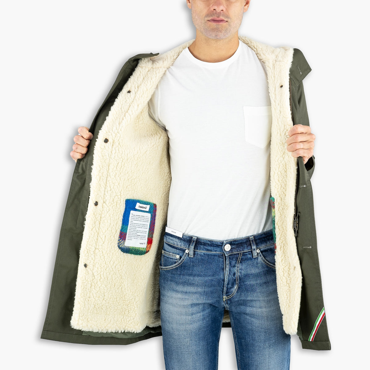 Giaccone Uomo L'ESKIMO Equipe 70 Original Maxi in Tecno Gabardina Cod. EUO01 WR 0250UE + Slavia Ecru Col. Verde Militare