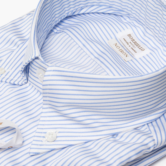 Camicia Uomo BORRIELLO Button Down Art. 22001/3 Collo Vomero in Cotone No Iron Righe Bianco-Azzurro