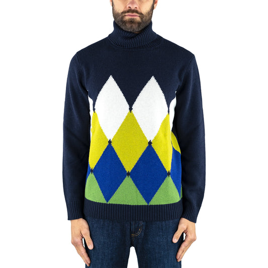 Maglia KANGRA Collo Alto in Lana Extrafine Intarsio su Fondo Blu Navy