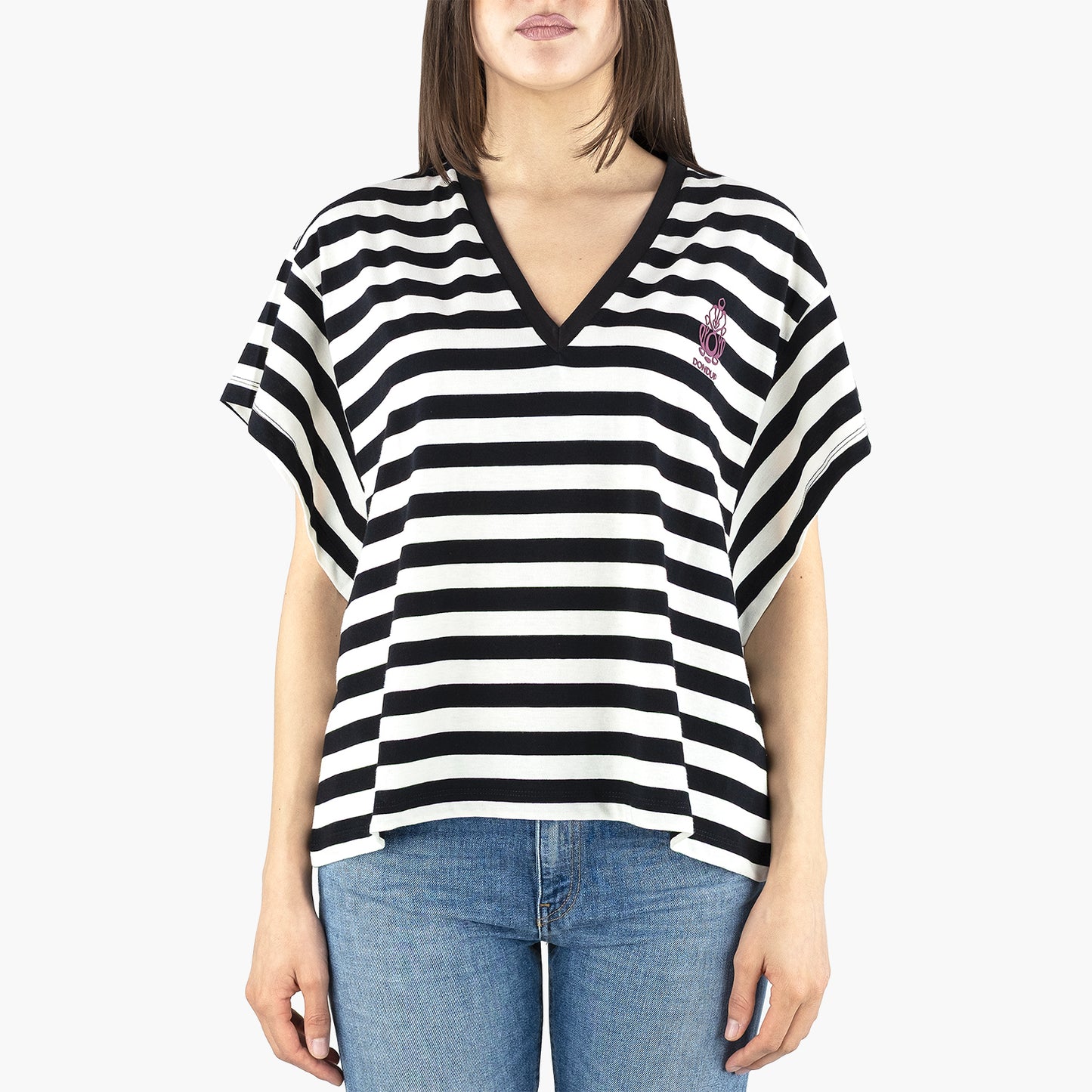 T-Shirt DONDUP JF0357D IY3 Collo V in Jersey Rigato Col. 107 Bianco Nero