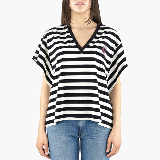 T-Shirt DONDUP JF0357D IY3 Collo V in Jersey Rigato Col. 107 Bianco Nero