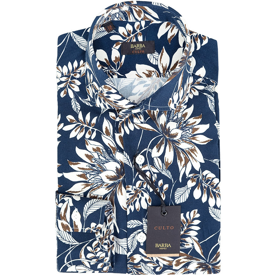 Camicia BARBA Napoli Culto Fantasia Floreale su Fondo Blu