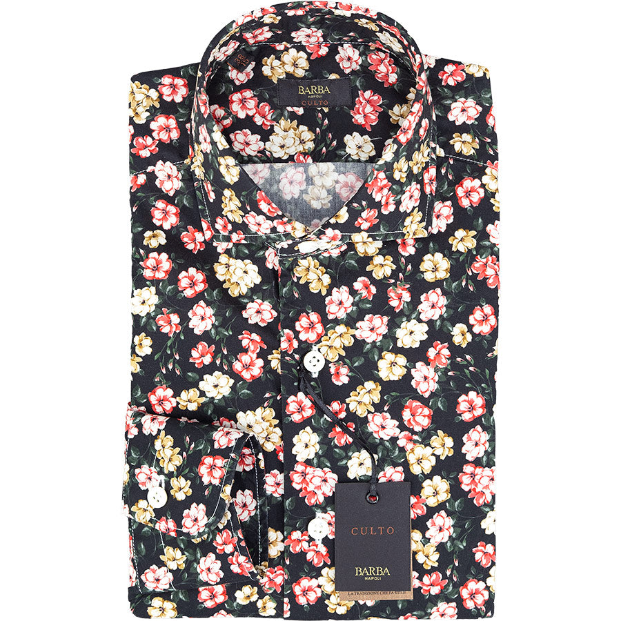 Camicia BARBA Napoli Culto Fantasia Floreale su Fondo Nero