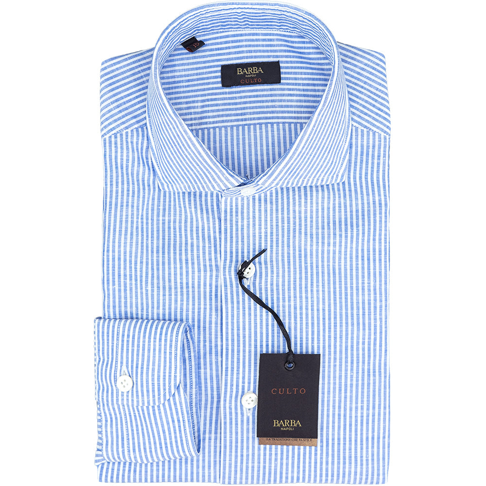 Camicia BARBA Napoli Culto in Lino e Cotone Righe Bianco Celeste