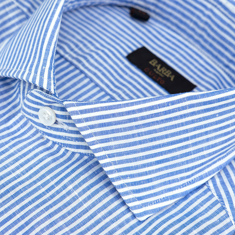 Camicia BARBA Napoli Culto in Lino e Cotone Righe Bianco Celeste