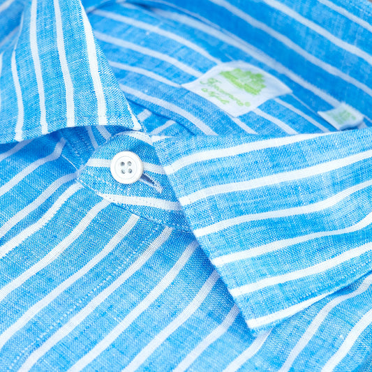 Camicia FINAMORE Tokyo in Puro Lino Riga Celeste Bianco