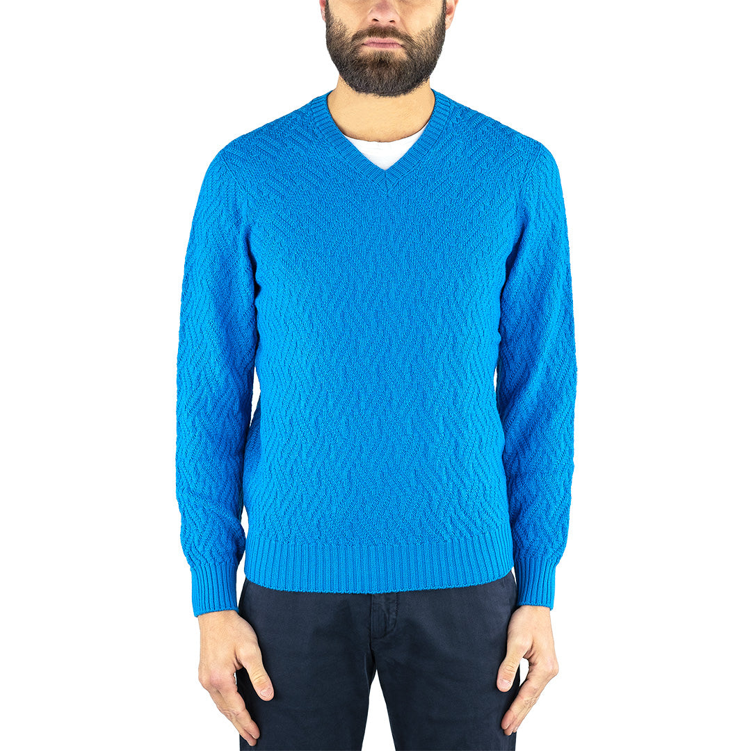 Maglia DRUMOHR Collo V in Merino Extrafine Lavorazione Jacquard Azzurra