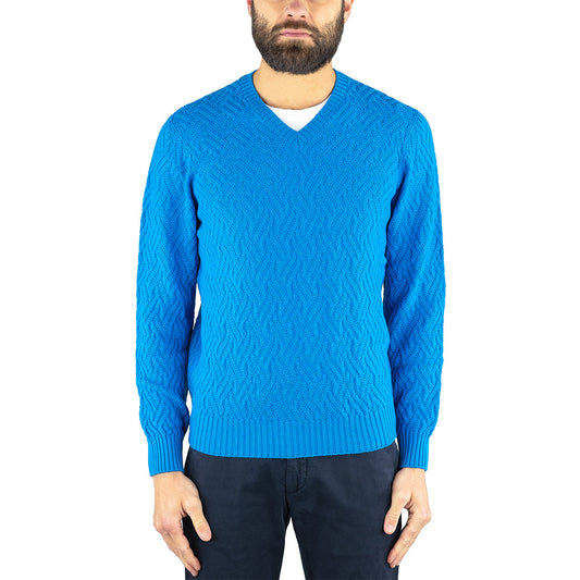 Maglia DRUMOHR Collo V in Merino Extrafine Lavorazione Jacquard Azzurra