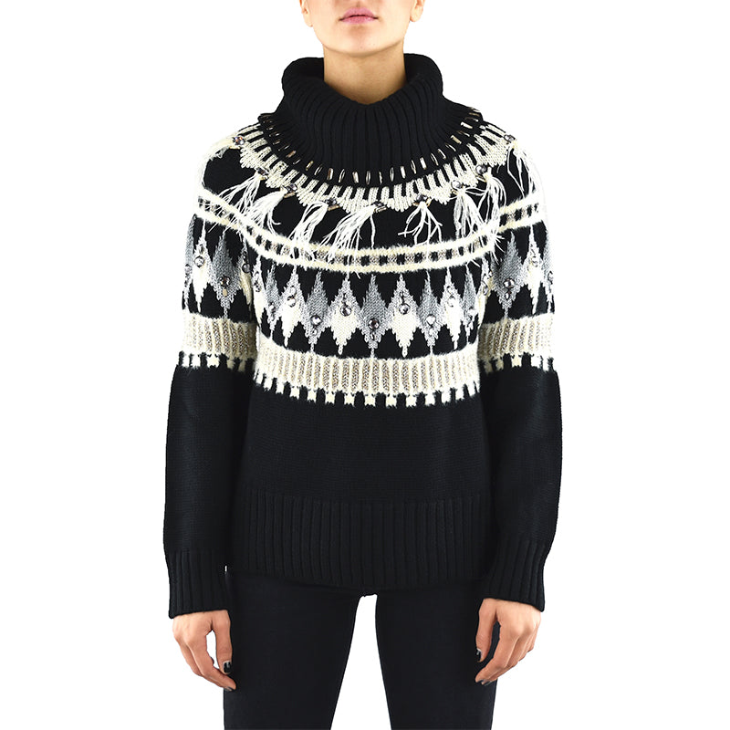 Maglia TWINSET Jacquard Ricami e Piume Nera