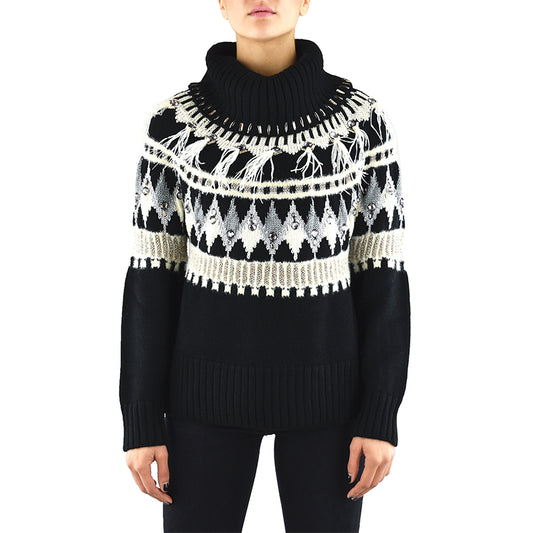 Maglia TWINSET Jacquard Ricami e Piume Nera