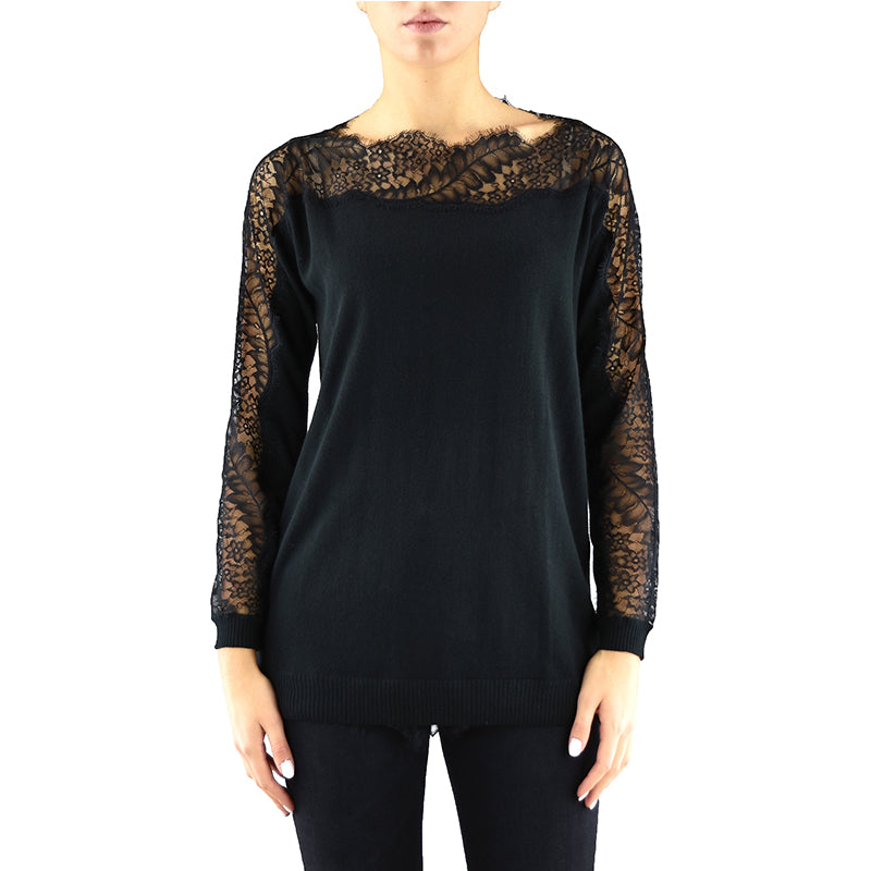 Maglia TWINSET PA83EP in Lana e Pizzo Nera