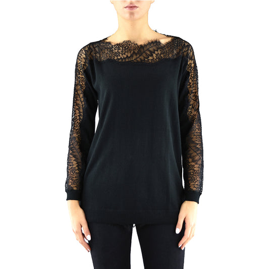 Maglia TWINSET PA83EP in Lana e Pizzo Nera