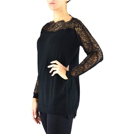 Maglia TWINSET PA83EP in Lana e Pizzo Nera