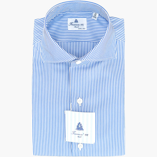 Camicia FINAMORE Milano in Esclusivo Cotone Giza 45 170 a Due Bacchetta Bianco Azzurro