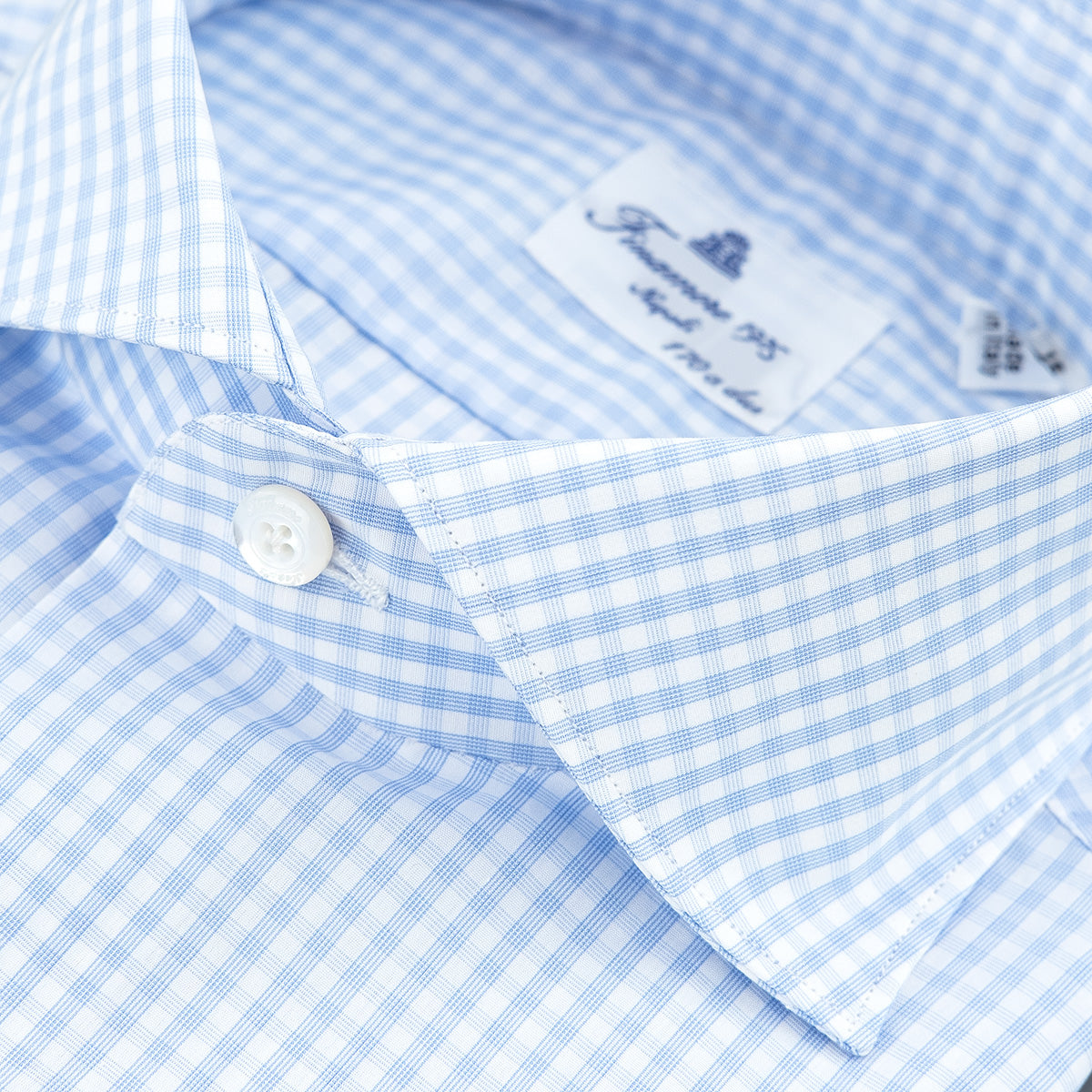 Camicia FINAMORE Milano in Esclusivo Cotone Giza 45 170 a Due Quadretto Bianco Celeste 