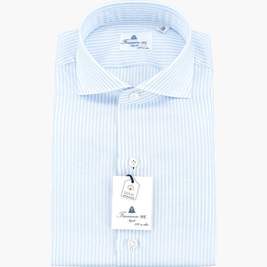 Camicia FINAMORE Milano in Esclusivo Cotone Giza 45 170 a Due in Lino e Cotone Righe Bianco Celeste
