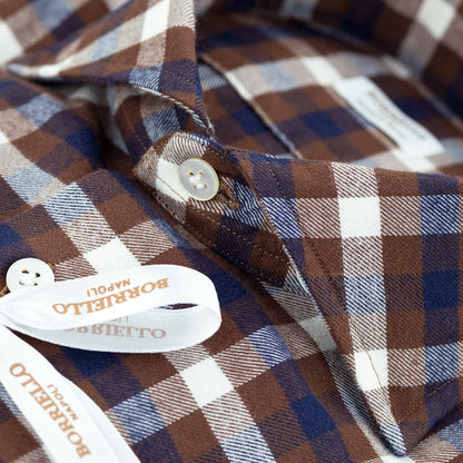 Camicia BORRIELLO Art. 21041/3 Collo Marechiaro in Pura Flanella Check Blu Bianco su Fondo Marrone