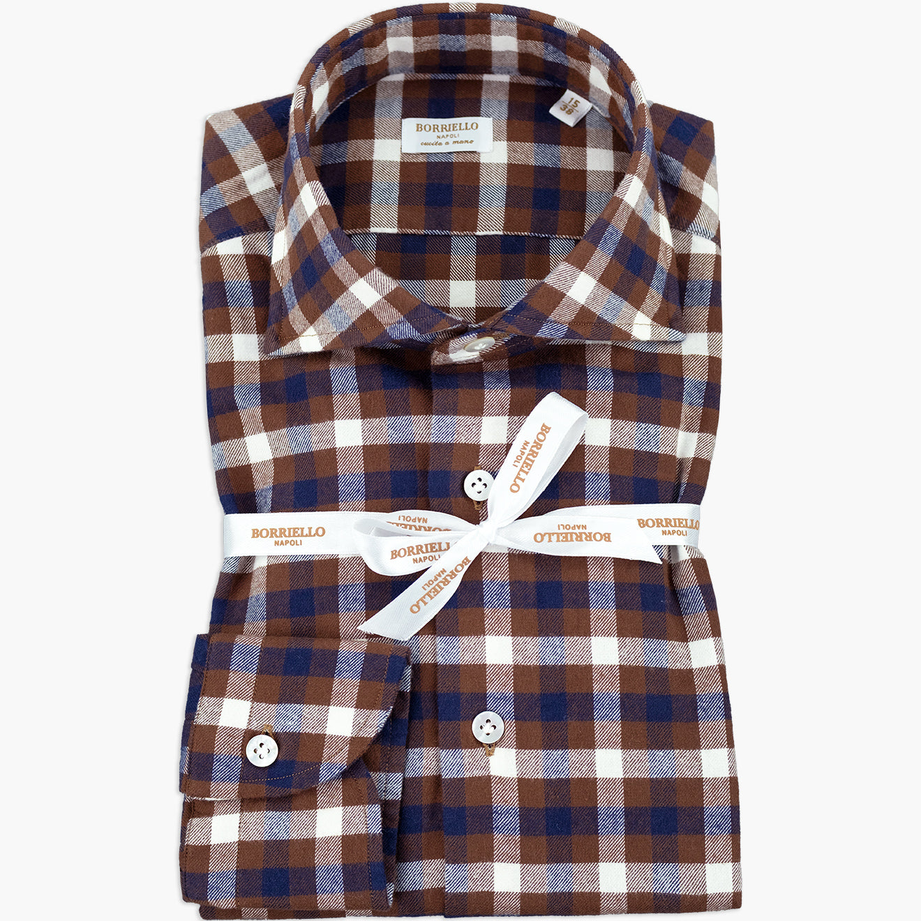 Camicia BORRIELLO Art. 21041/3 Collo Marechiaro in Pura Flanella Check Blu Bianco su Fondo Marrone