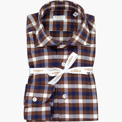 Camicia BORRIELLO Art. 21041/3 Collo Marechiaro in Pura Flanella Check Blu Bianco su Fondo Marrone