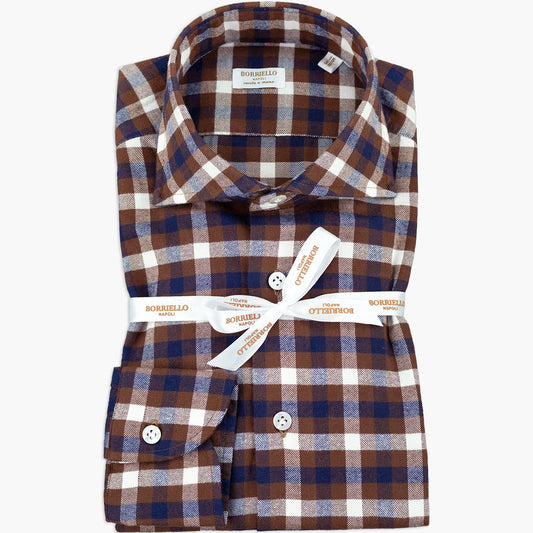 Camicia BORRIELLO Art. 21041/3 Collo Marechiaro in Pura Flanella Check Blu Bianco su Fondo Marrone