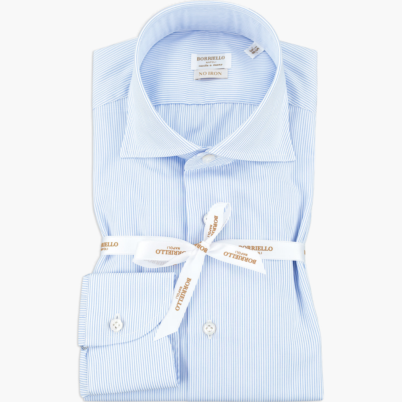 Camicia BORRIELLO Napoli Art. 21008/2 Collo Marechiaro in Cotone No Iron Micro Riga Celeste su Fondo Bianco