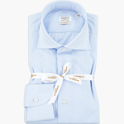 Camicia BORRIELLO Napoli Art. 21008/2 Collo Marechiaro in Cotone No Iron Micro Riga Celeste su Fondo Bianco