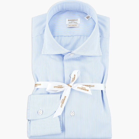 Camicia BORRIELLO Napoli Art. 21008/2 Collo Marechiaro in Cotone No Iron Micro Riga Celeste su Fondo Bianco