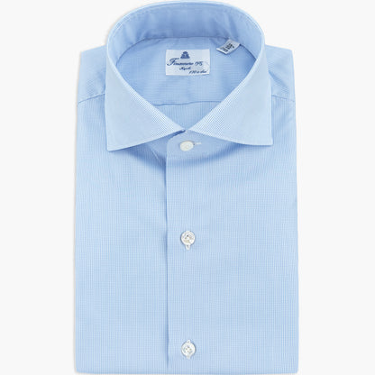 Camicia FINAMORE Milano in Esclusivo Giza 45 170 a Due Micro Quadretto Bianco Celeste
