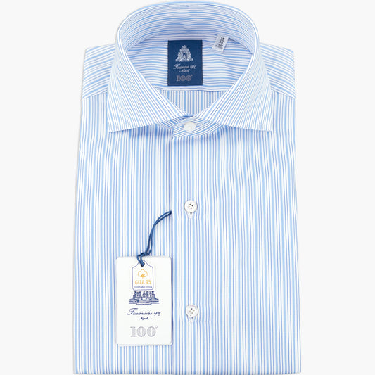 Camicia FINAMORE Napoli 1925 Modello Milano Collo Eduardo Art. 031006 A5036Z in Giza 45 170 a Due Exclusive Pattern Righe Celsete Fondo Bianco