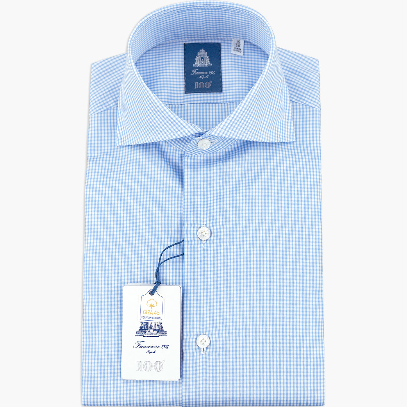 Camicia FINAMORE Napoli 1925 Modello Milano Collo Eduardo Art. 840630 C0495Z in Esclusivo Giza 45 170 a Due Quadretto Bianco Celeste