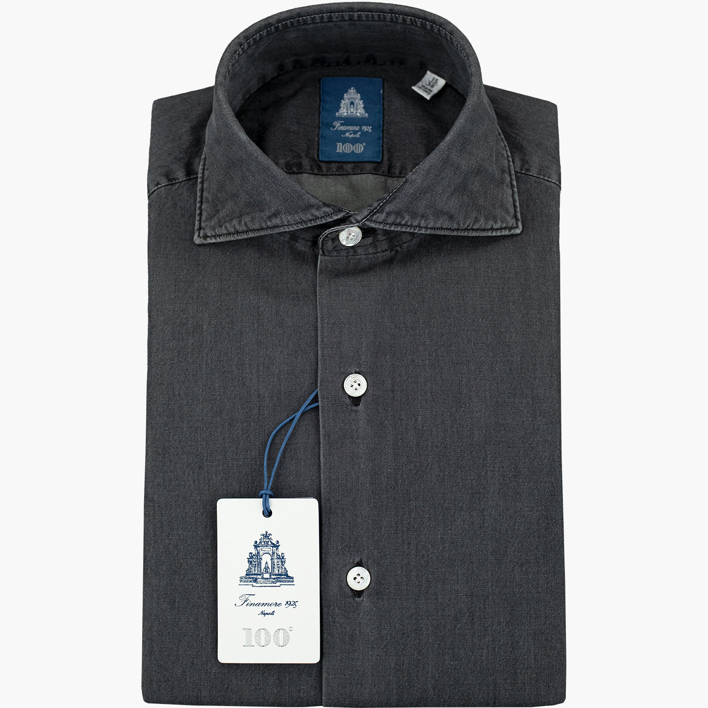 Camicia FINAMORE Napoli 1925 Modello Milano Collo Eduardo in Cotone Denim Black Indigo Nero Lavato