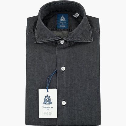 Camicia FINAMORE Napoli 1925 Modello Milano Collo Eduardo in Cotone Denim Black Indigo Nero Lavato