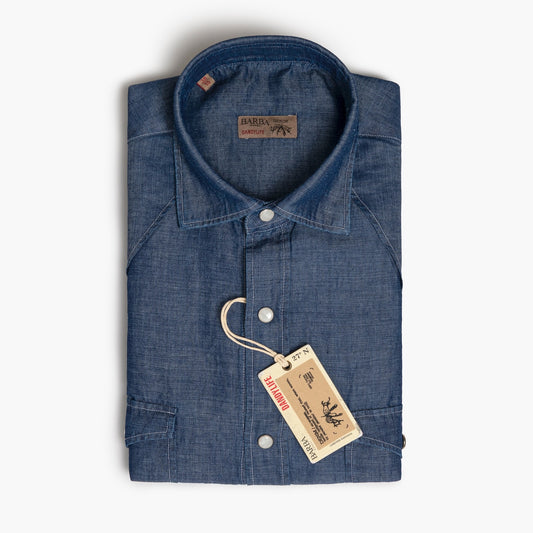 Camicia Uomo BARBA Napoli Dandylife Art. P2054251U Texana in Cotone Denim Chambray Medio Scuro