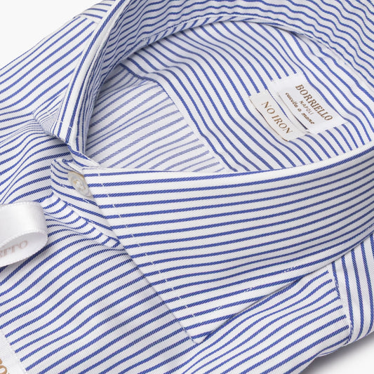 Camicia Uomo BORRIELLO Art. 22001/5 Collo Borriello in Cotone No Iron Righe Bianco-Azzurro