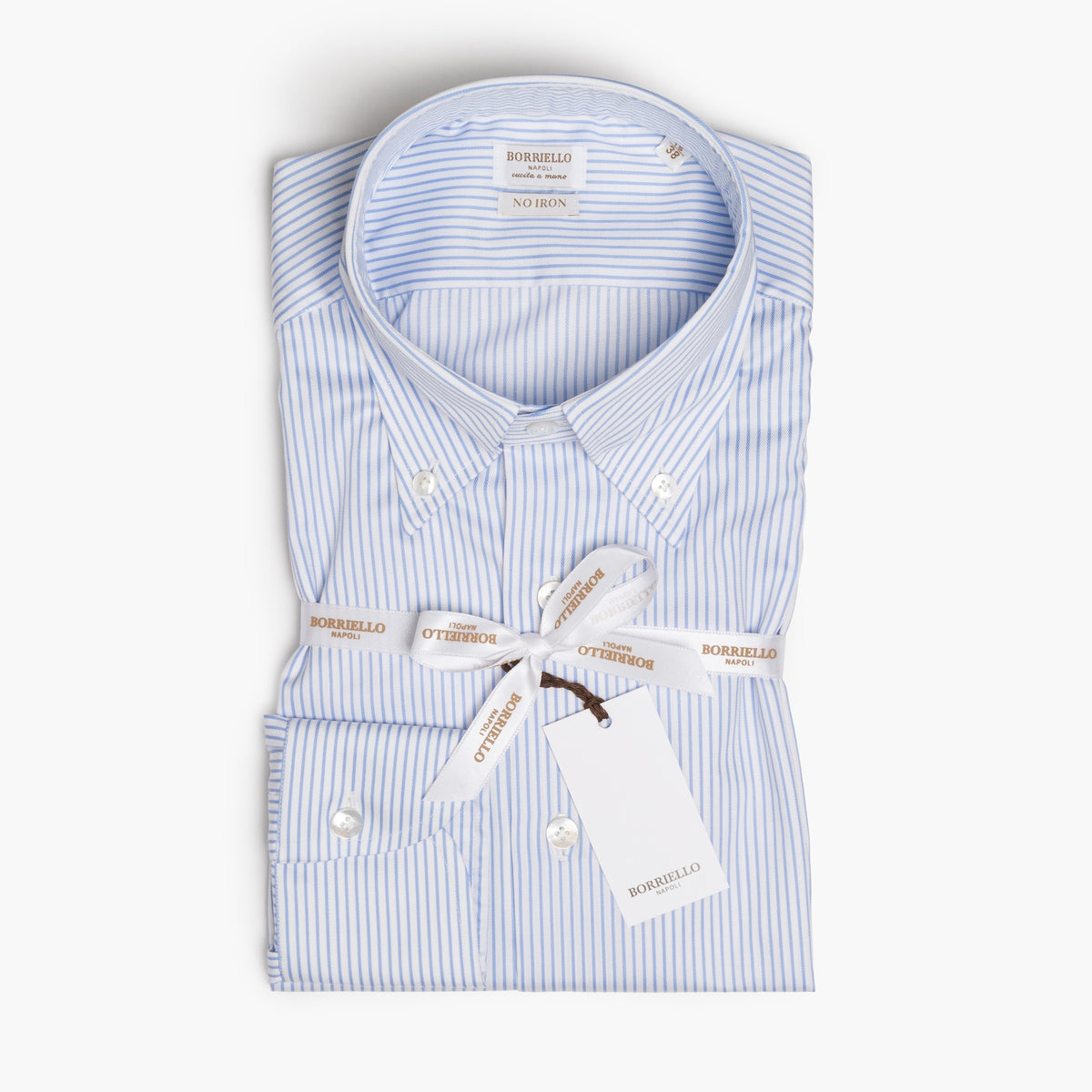 Camicia Uomo BORRIELLO Button Down Art. 22001/3 Collo Vomero in Cotone No Iron Righe Bianco-Azzurro
