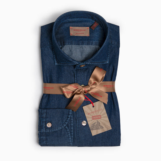 Camicia Uomo BORRIELLO in Cotone Denim Scuro Art. 9095/1 Collo Borriello Idro