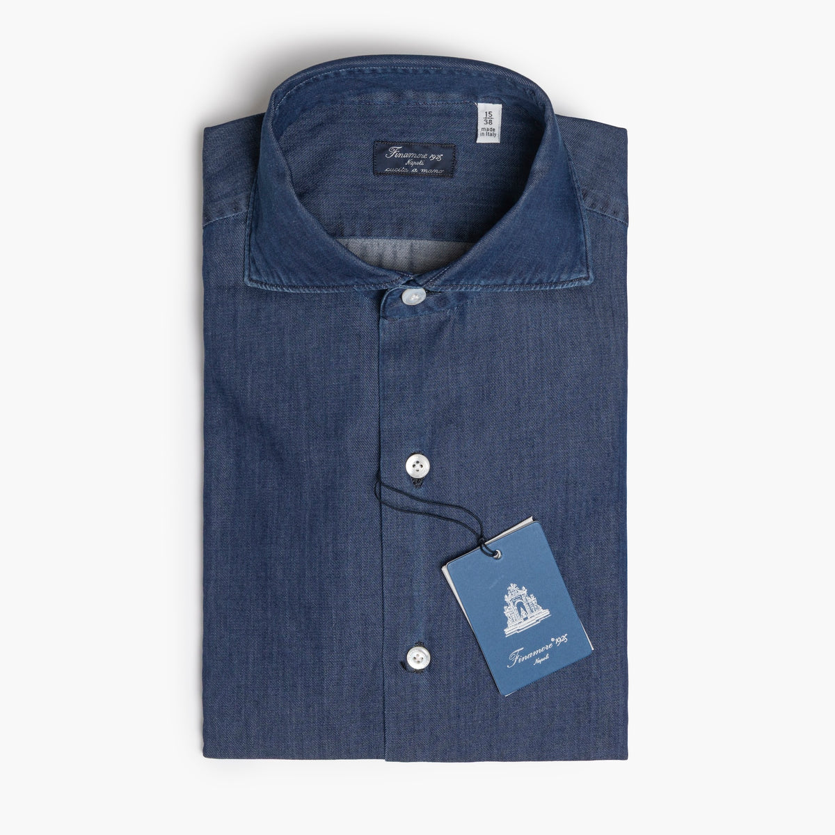Camicia Uomo FINAMORE Napoli 1925 Modello Milano Collo Eduardo Art. 045880 C0512D in Cotone Denim 120 a 2 Medio Scuro