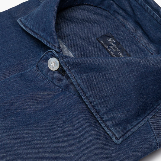 Camicia Uomo FINAMORE Napoli 1925 Modello Milano Collo Eduardo Art. 045880 C0512D in Cotone Denim 120 a 2 Medio Scuro