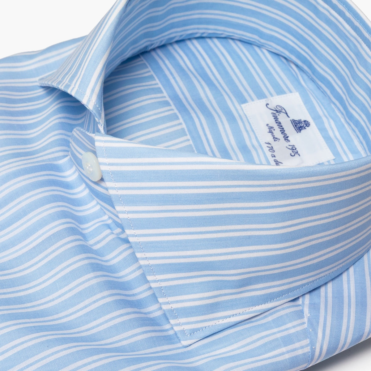 Camicia Uomo FINAMORE Napoli 1925 Modello Milano Collo Eduardo Art. C0488Z in Esclusivo Cotone Giza 45 170 a 2 Righe Bianche Fondo Celeste